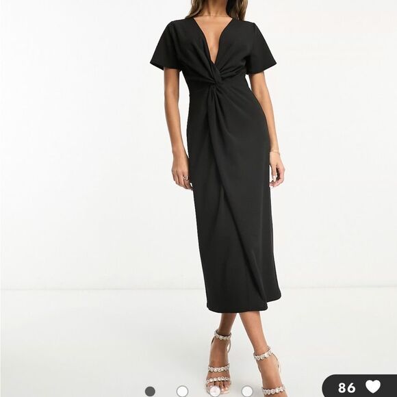 Asos Design Black Twist Front Midi Dress | Size 14 - Picture 1 of 5